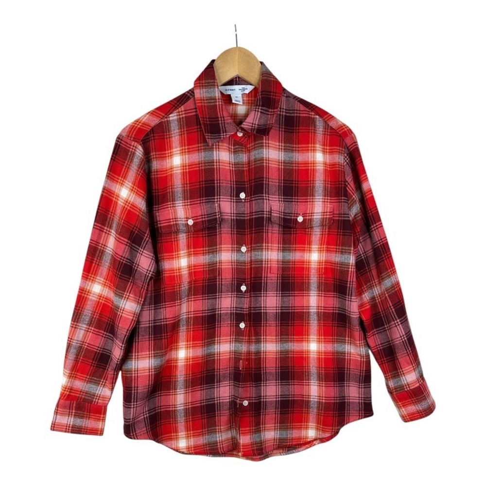 OLD NAVY Womens The Boyfriend Shirt Red Plaid Button Down Size XS
